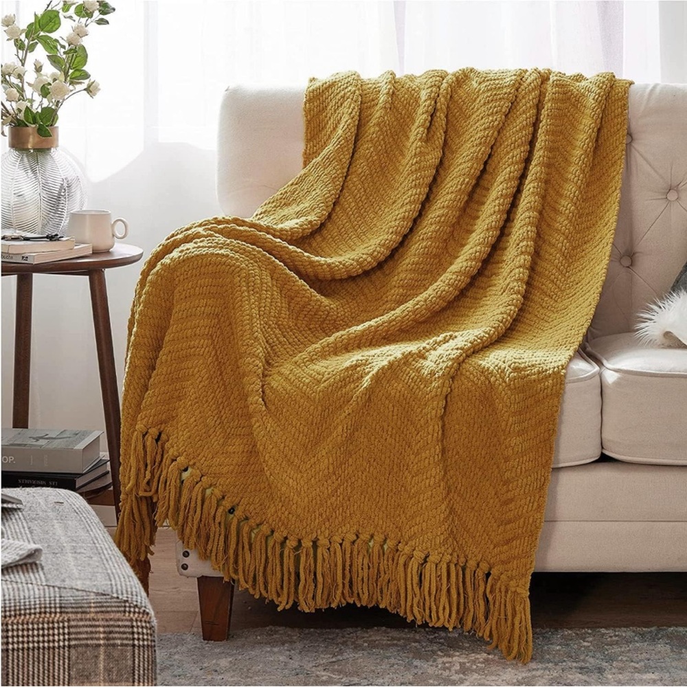 West Elm Sunflower Yellow Tassel Fringe Luxury Minimalist Soft Throw Blanket - Picture 1 of 15